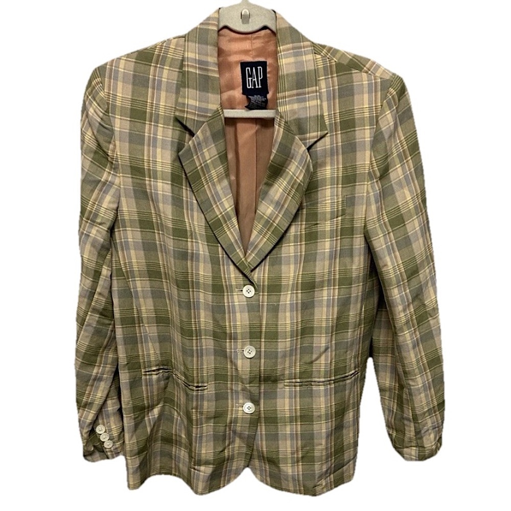 GAP Womens Plaid Linen Vintage Blazer Office Jacket Size Medium Retro Preppy 90s